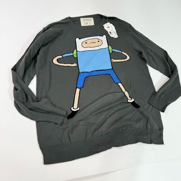 Adventure Time Sweater Mens 2XL Gray Finn Long-Sleeve Crew-Neck Pullover NWT - Picture 1 of 9